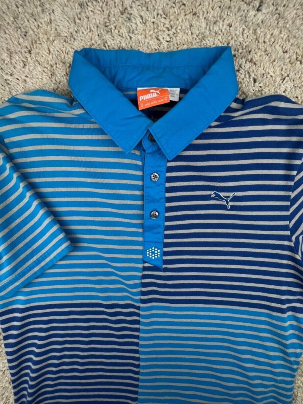 Puma Men’s Golf Polo Shirt Short Sleeve Blue Gray Striped Medium Casual Cotton - Picture 1 of 11